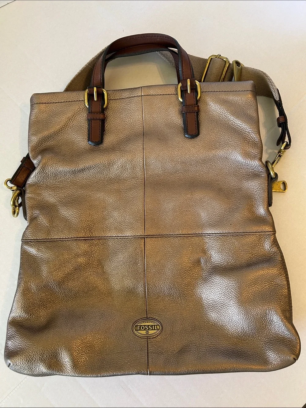 FOSSIL LARGE LEATHER BRONZE FOLDOVER TOTE CROSSBODY HOBO BAG